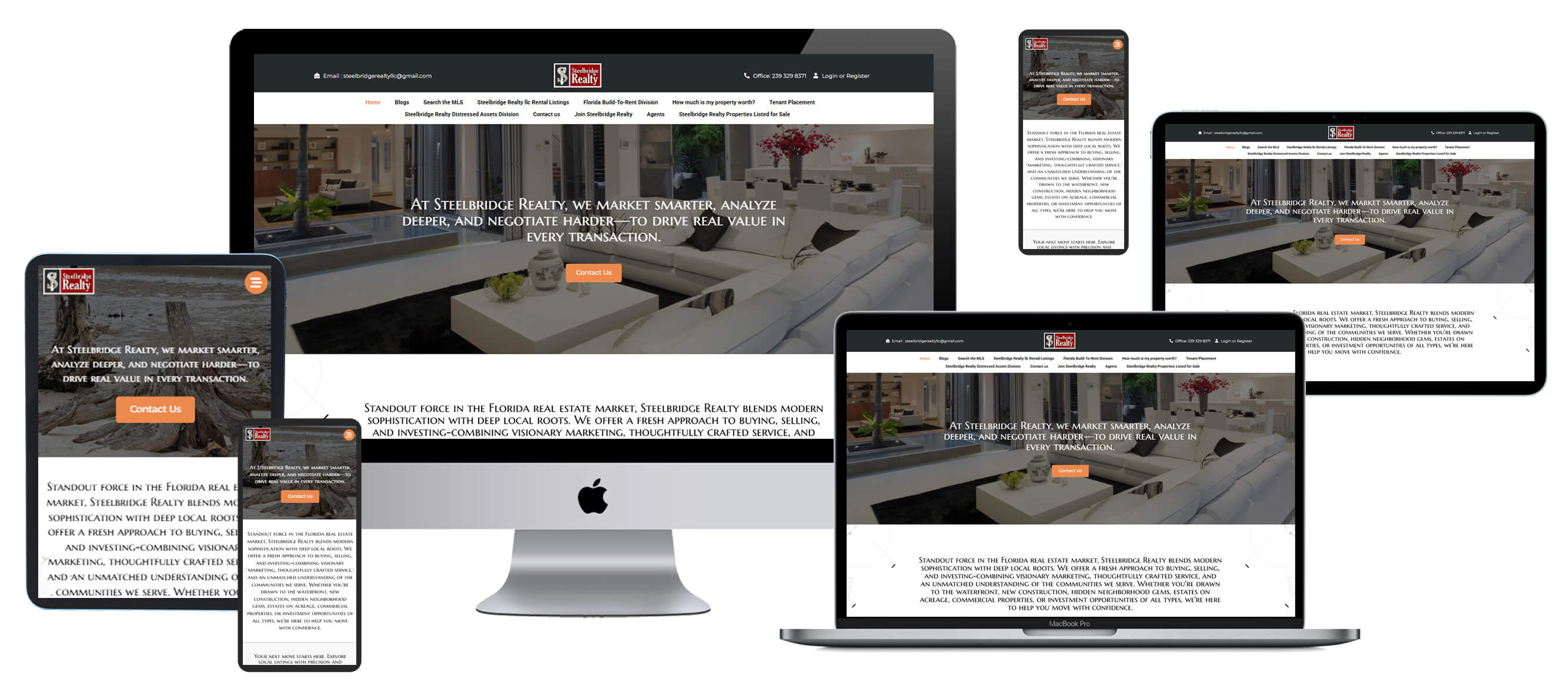 Multi-device screen mockup displaying Steelbridge Realty website across desktop, laptop, and mobile screens