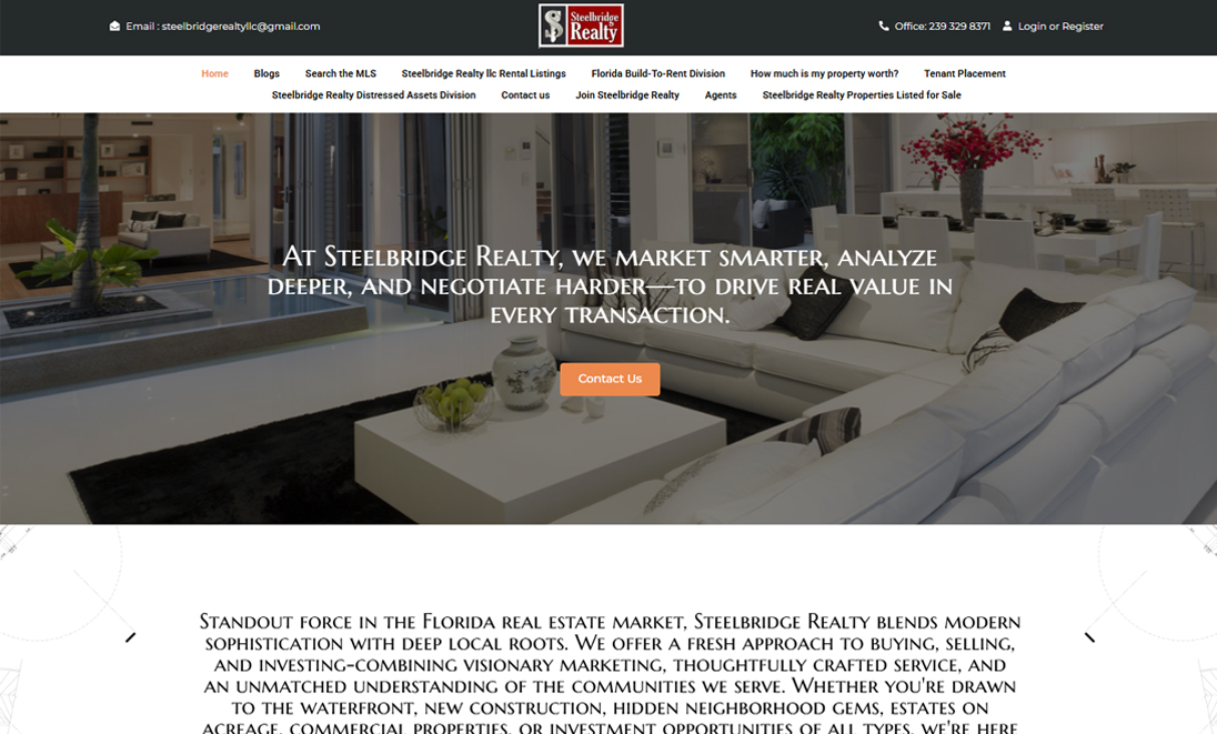 Luxury living room interior hero banner for Steelbridge Realty corporate web layout