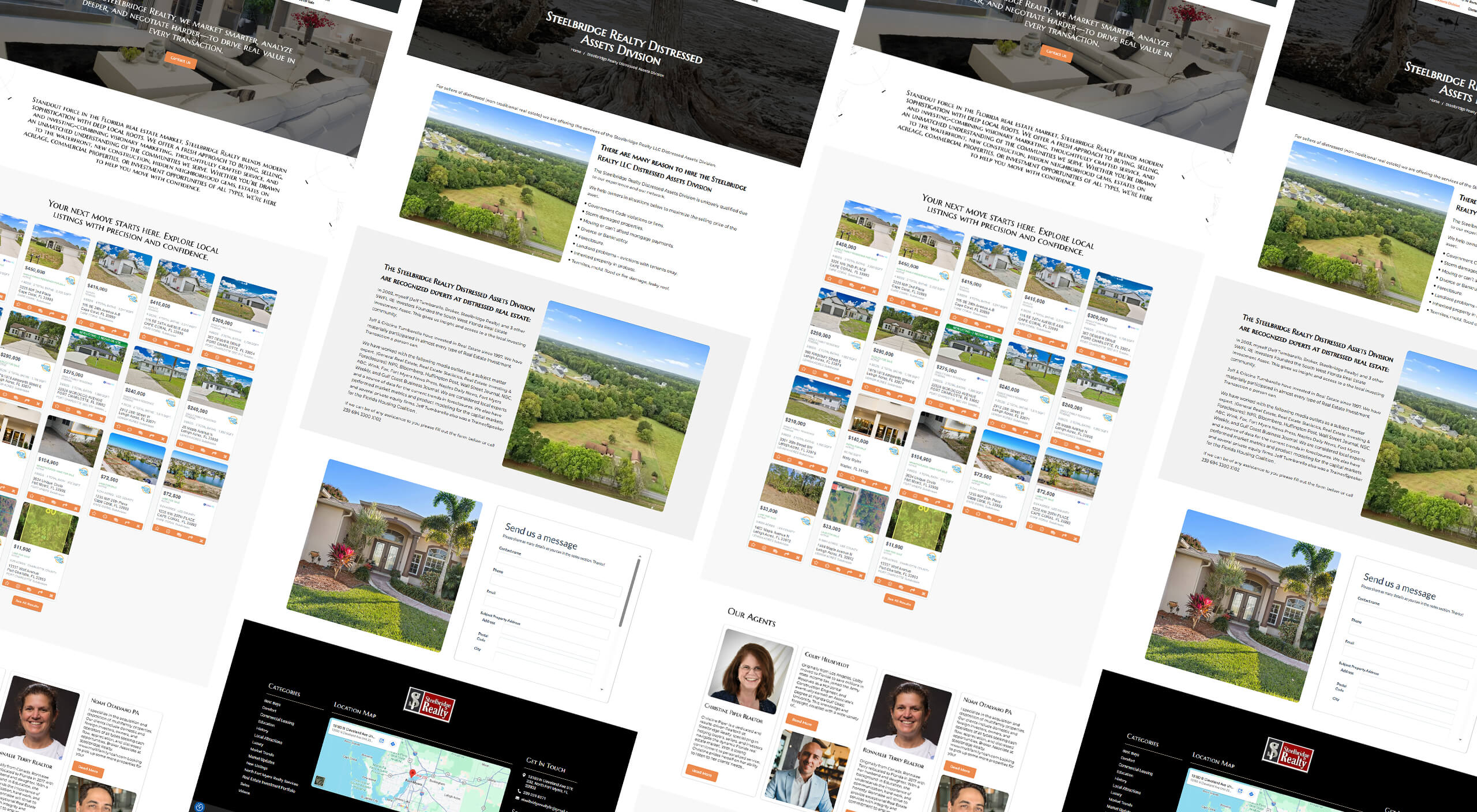 Isometric perspective grid display showing webpage layouts for Steelbridge Realty website
