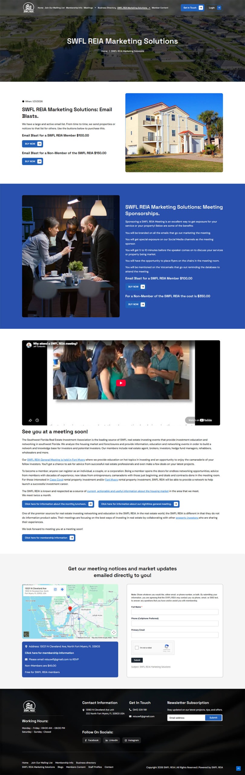 Desktop webpage layout section for SWFL REIA displaying meeting photos and investor education text