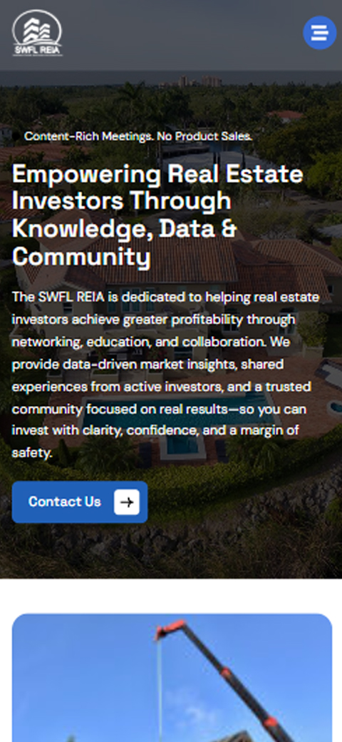 Dark mobile hero card for SWFL REIA reading Empowering Real Estate Investors Through Knowledge, Data & Community