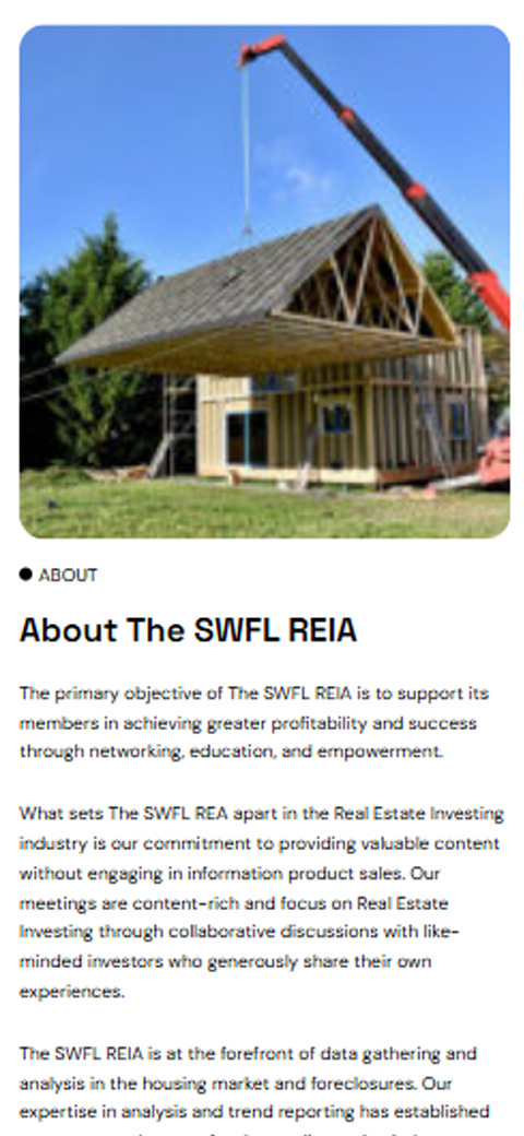 Residential house framing construction photo on SWFL REIA mobile website section
