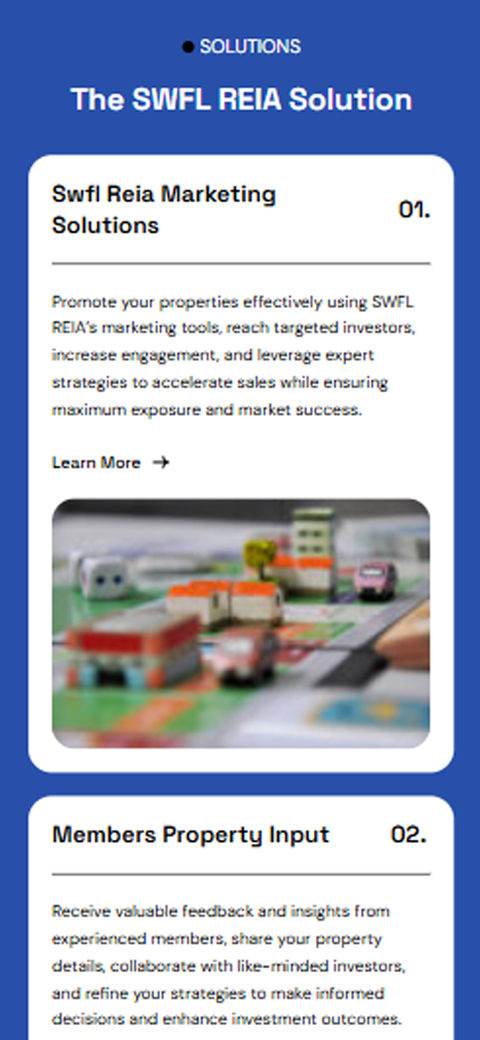 Mobile web section with blue CTA box promoting property marketing tools for SWFL REIA
