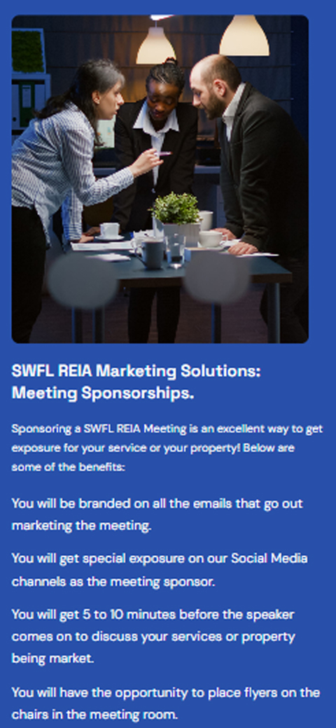 Blue mobile web card detailing SWFL REIA Marketing Solutions and meeting sponsorship opportunities