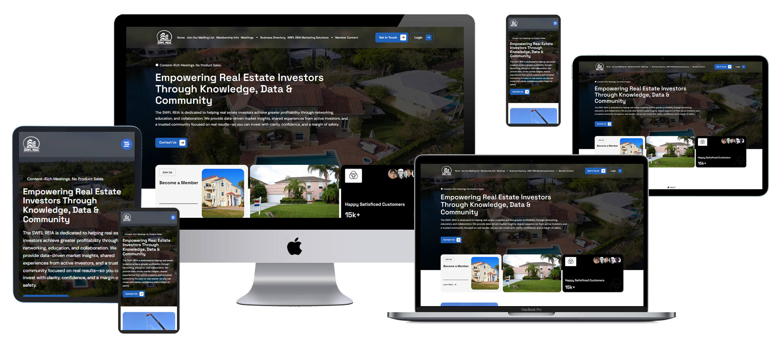 Multi-device screen mockup displaying SWFL REIA website across desktop, tablet, and mobile screens