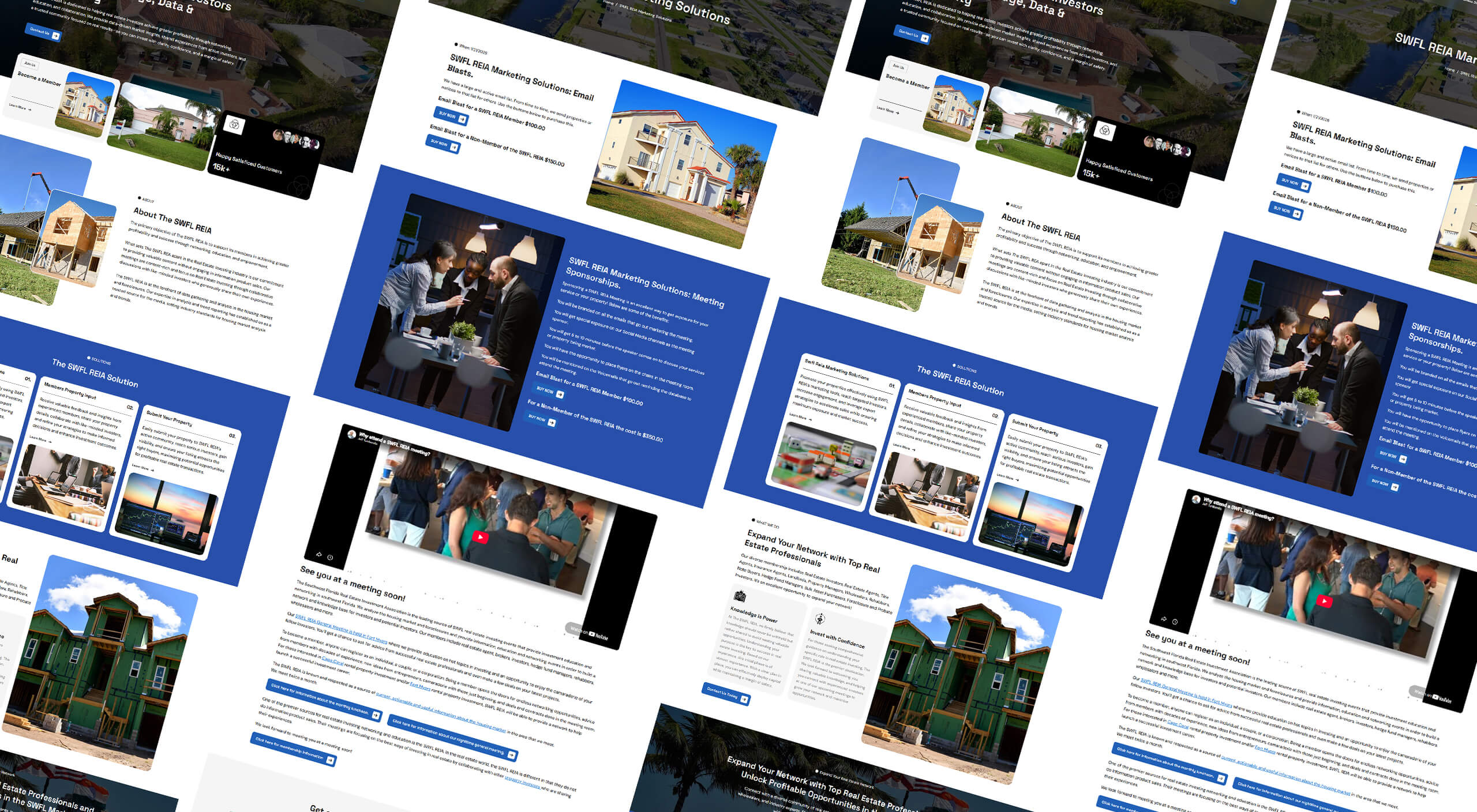 Isometric perspective grid showcase displaying blue and white webpage layouts for SWFL REIA