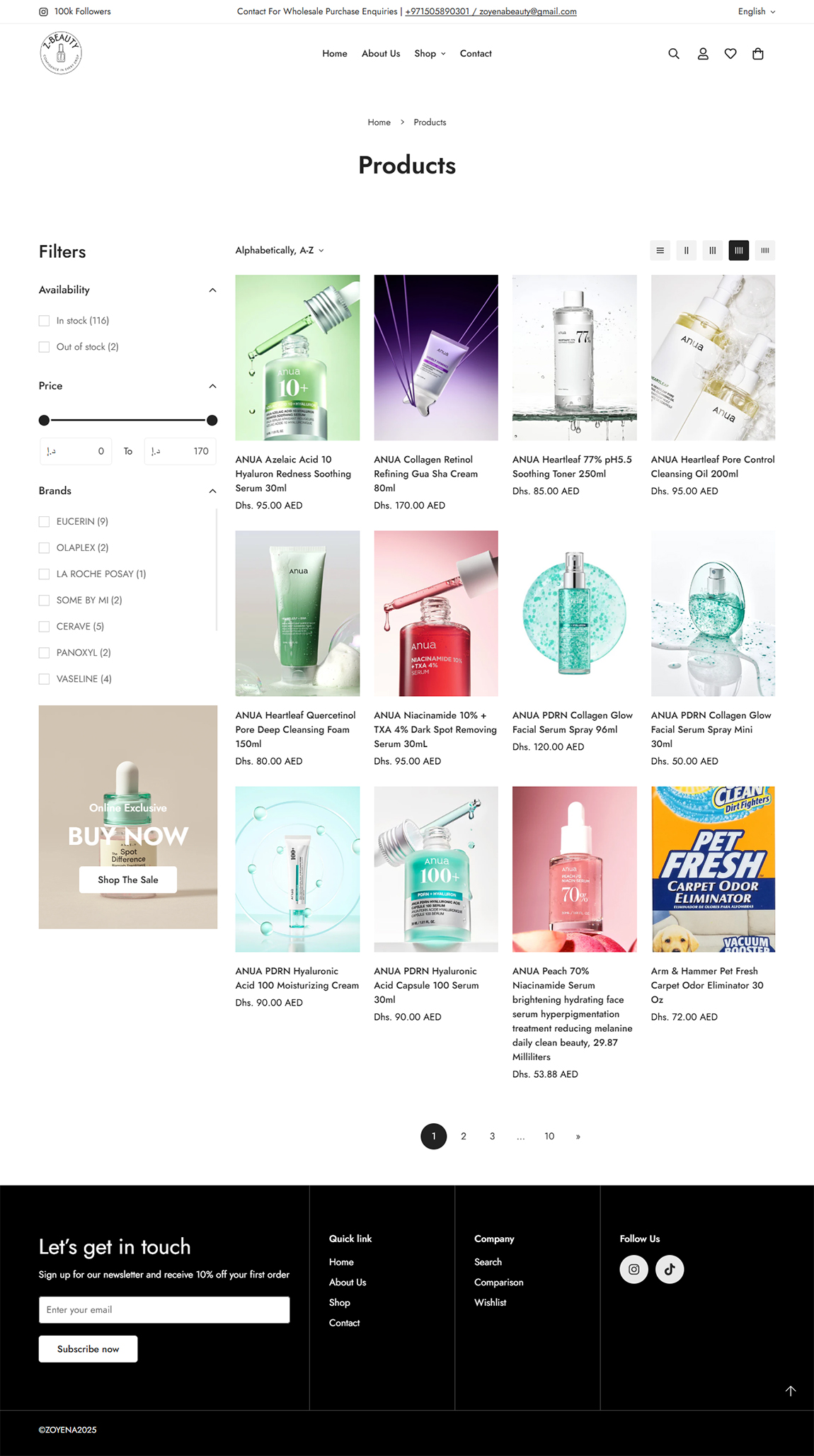 Desktop webpage layout section for Z Beauty displaying skincare serum product cards and brand story details