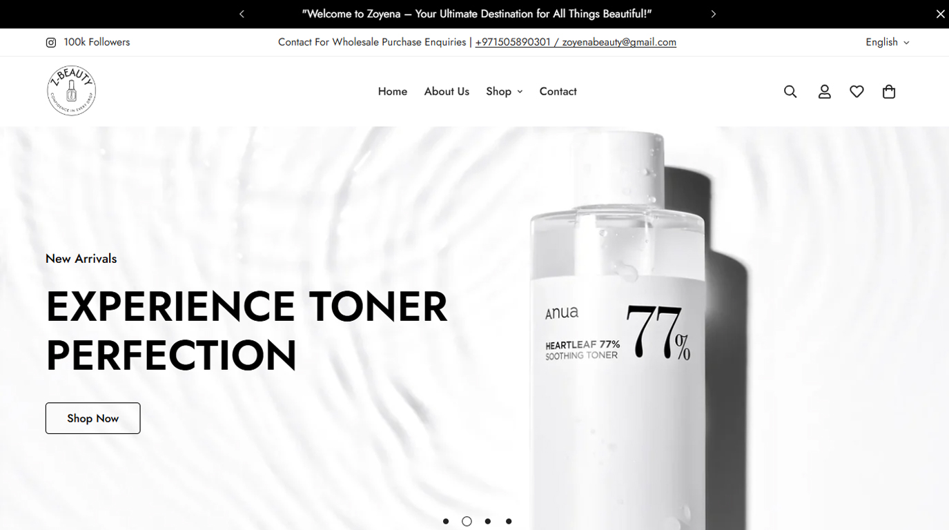 Minimalist e-commerce hero web banner for Z Beauty showing ANUA Heartleaf 77 Soothing Toner bottle