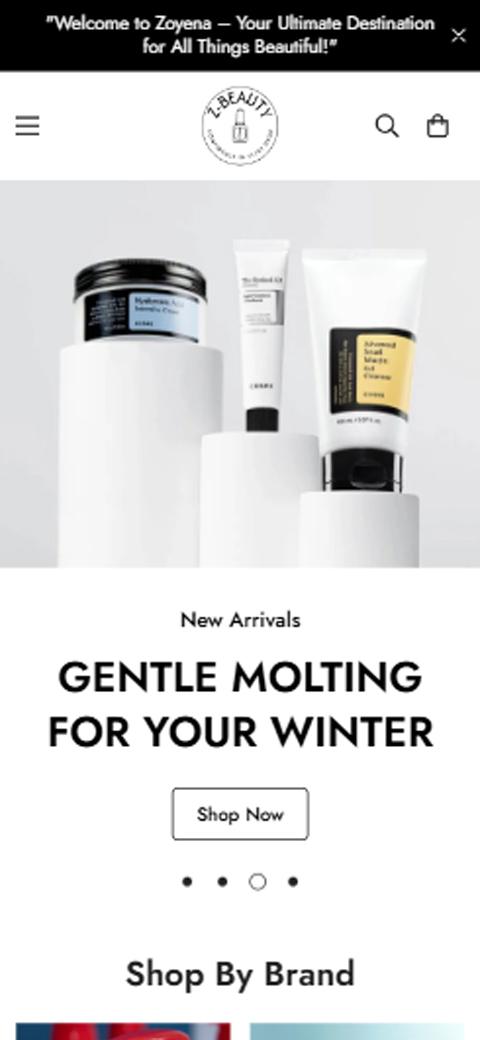 COSRX cleanser tube and tub product renders on minimalist white podiums under New Arrivals section on mobile UI
