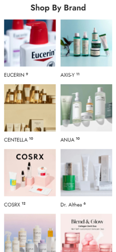Mobile e-commerce category cards displaying top K-Beauty brands Eucerin, Axis-Y, Centella, Anua, and COSRX