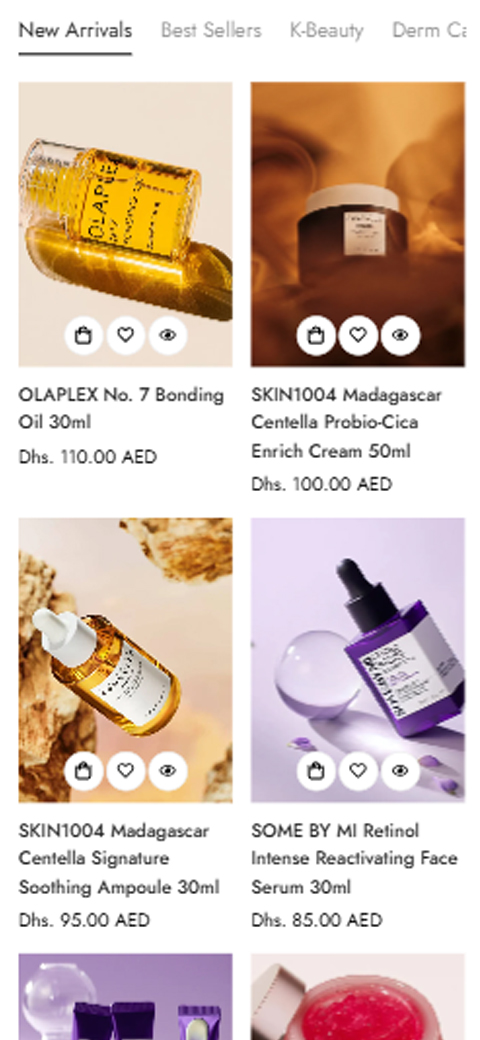 Mobile product listings for Olaplex No. 7 Bonding Oil and Skin1004 Madagascar Centella Probio-Cica Enrich Cream