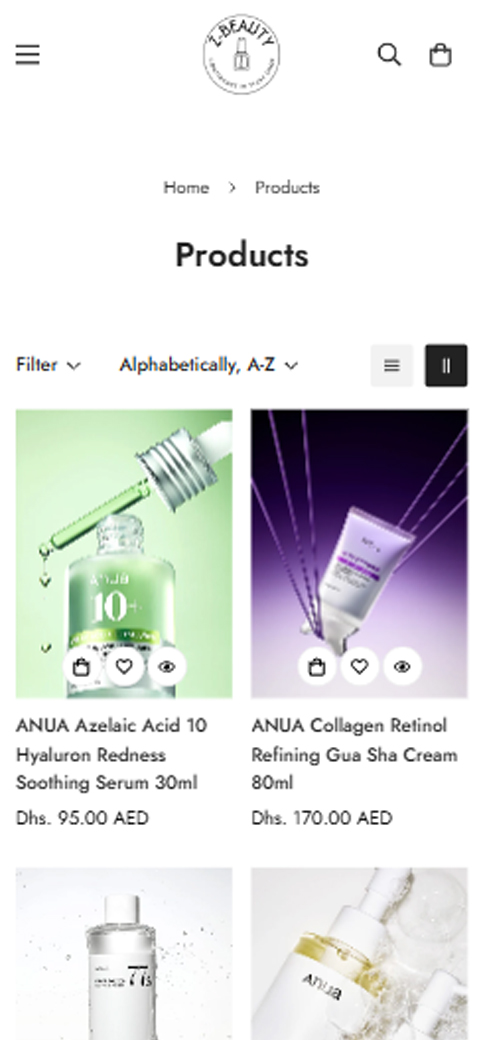 Mobile product cards showing skincare dropper bottle and Madagascar Centella Soothing Cream on Z Beauty