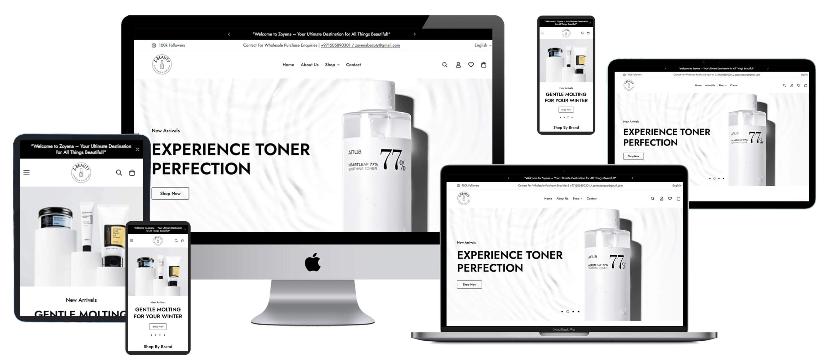 Multi-device screen mockup displaying Z Beauty skincare website across desktop, laptop, and mobile smartphone