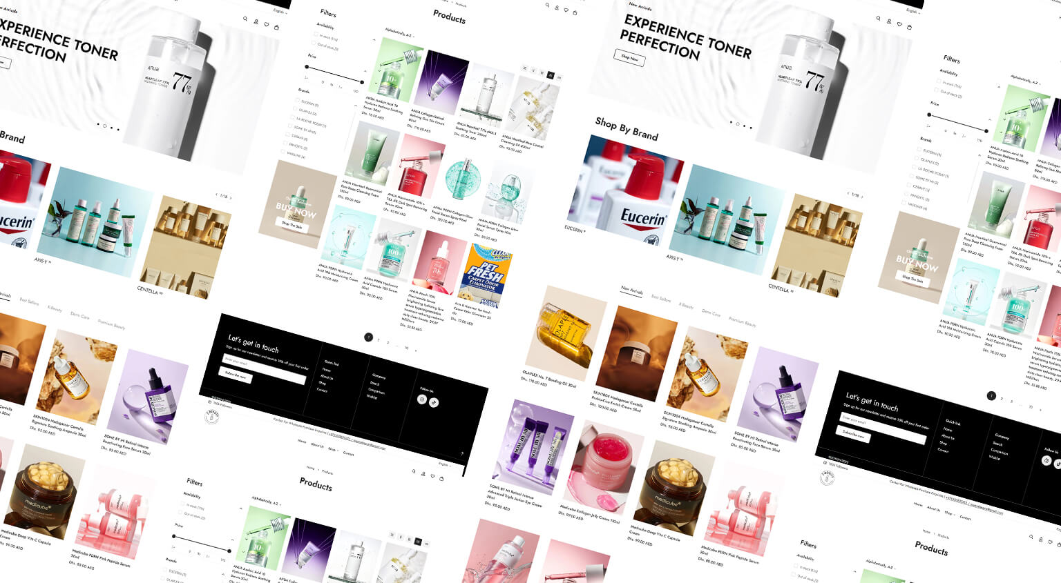 Isometric perspective grid display showing clean white and mint webpage layouts for Z Beauty cosmetics store