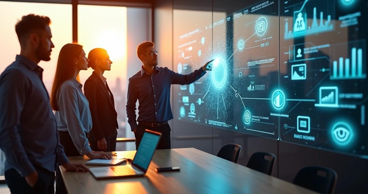 Business partners interacting with a glowing digital network analytics interface on a glass screen