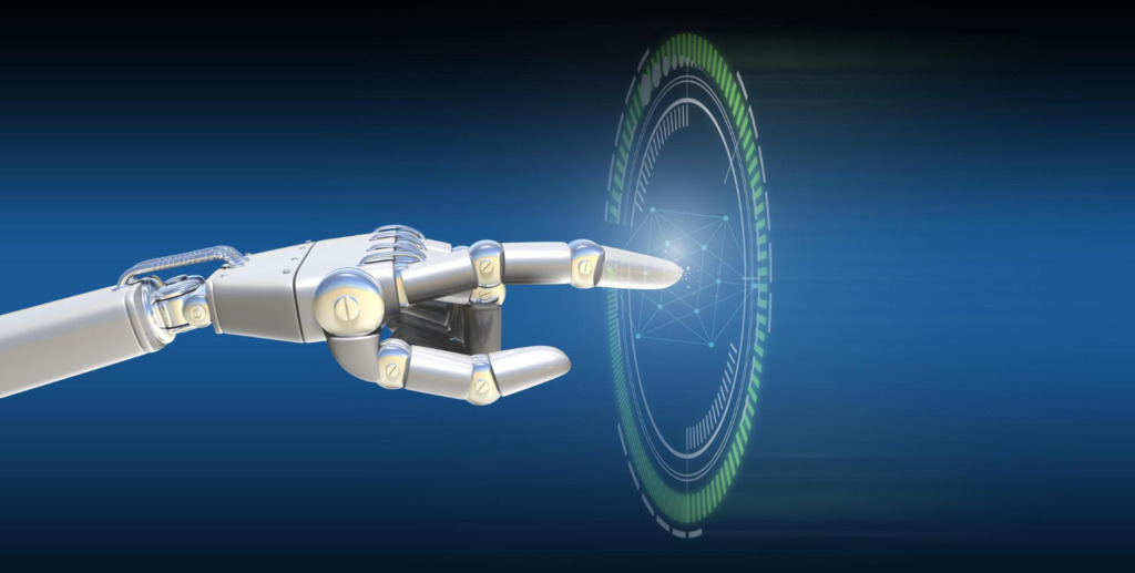 Robotic AI hand reaching toward a glowing blue digital touchscreen interface grid