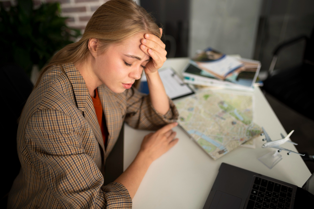 Stressed travel agent resting her head on her hand at a desk covered with travel maps and itinerary plans