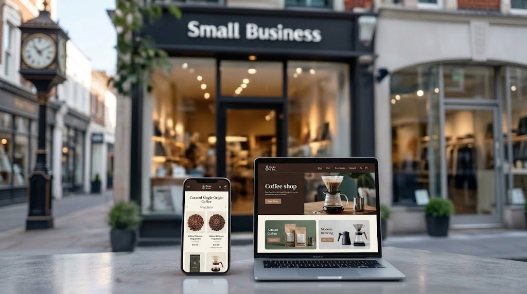 Small business digital transformation with website on laptop and mobile
